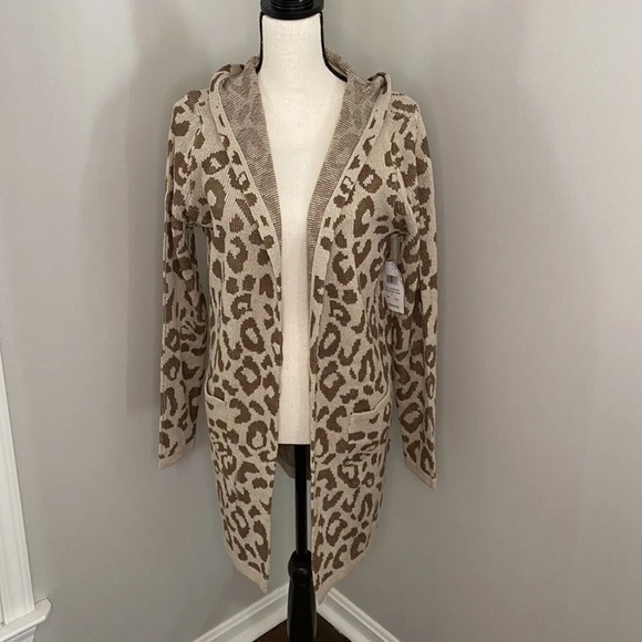 NWT 89th + Madison Long Hooded Animal Print Cardigan Sweater Tan/Brown Size S/ - Picture 1 of 8